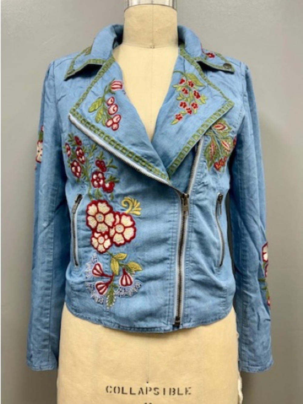 Embroidered Light Blue Denim Moto Jacket with Floral Appliqué